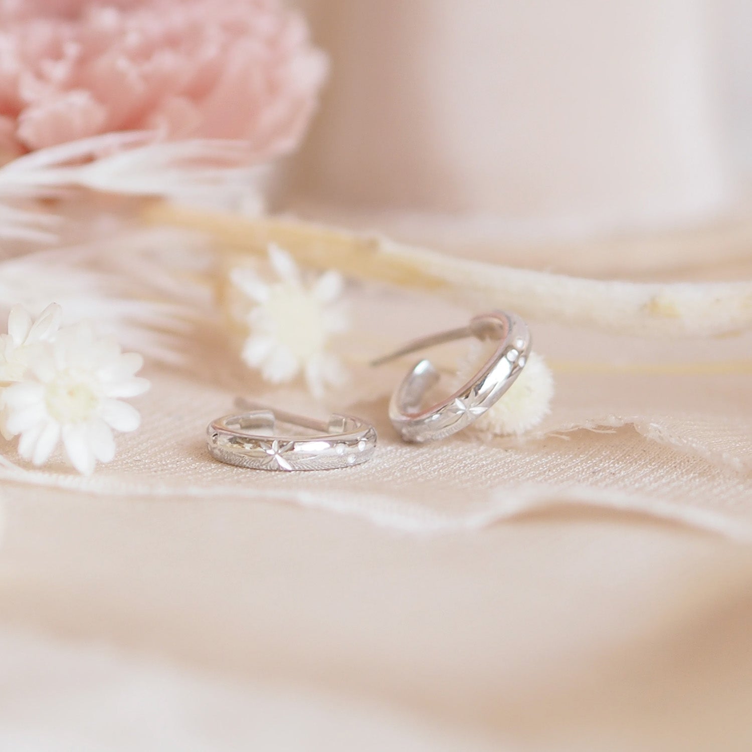 Hand Engraved Star Huggie Hoop Earrings in Sterling Silver