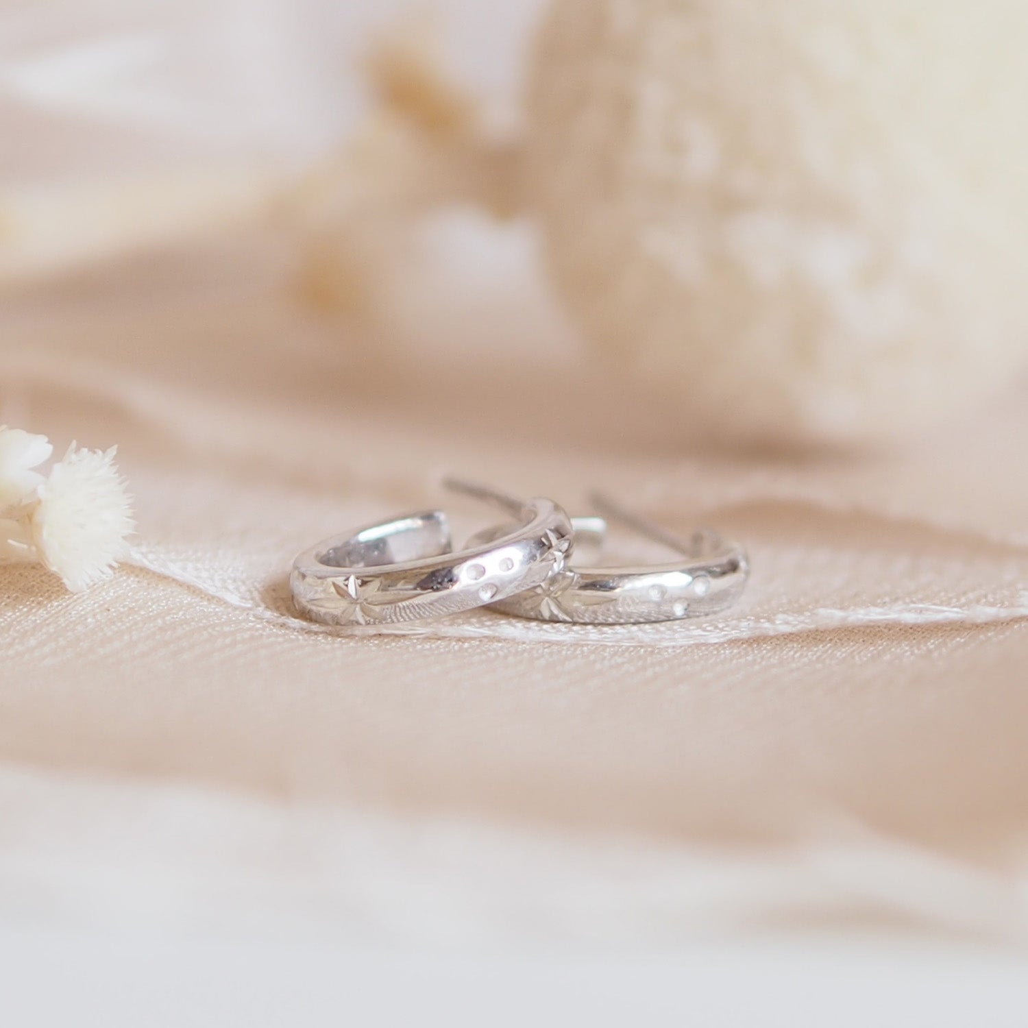 Hand Engraved Star Huggie Hoop Earrings in Sterling Silver