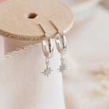 Hand Engraved Star Drop Hoop Earrings in Sterling Silver