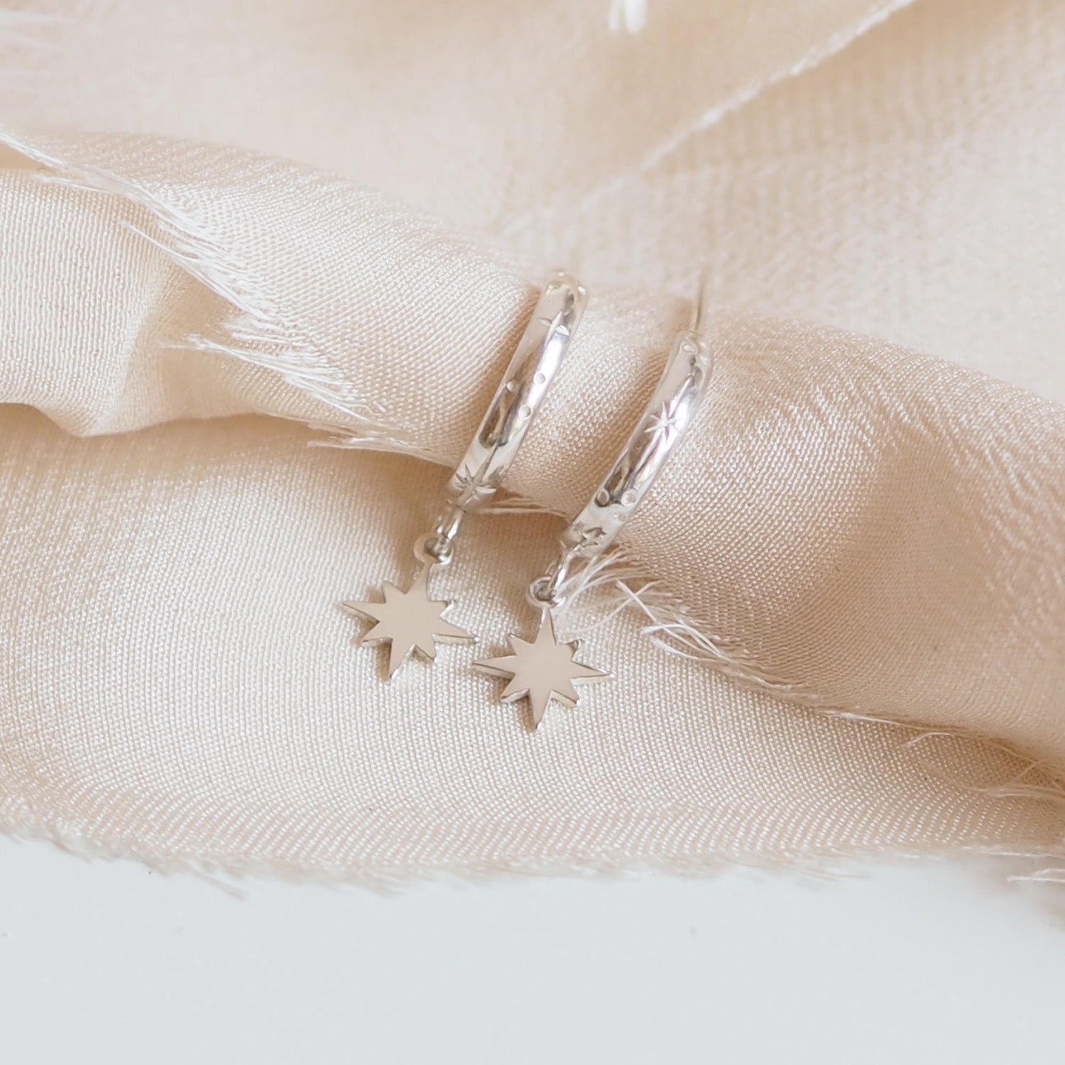 Hand Engraved Star Drop Hoop Earrings in Sterling Silver