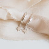 Hand Engraved Star Drop Hoop Earrings in Sterling Silver